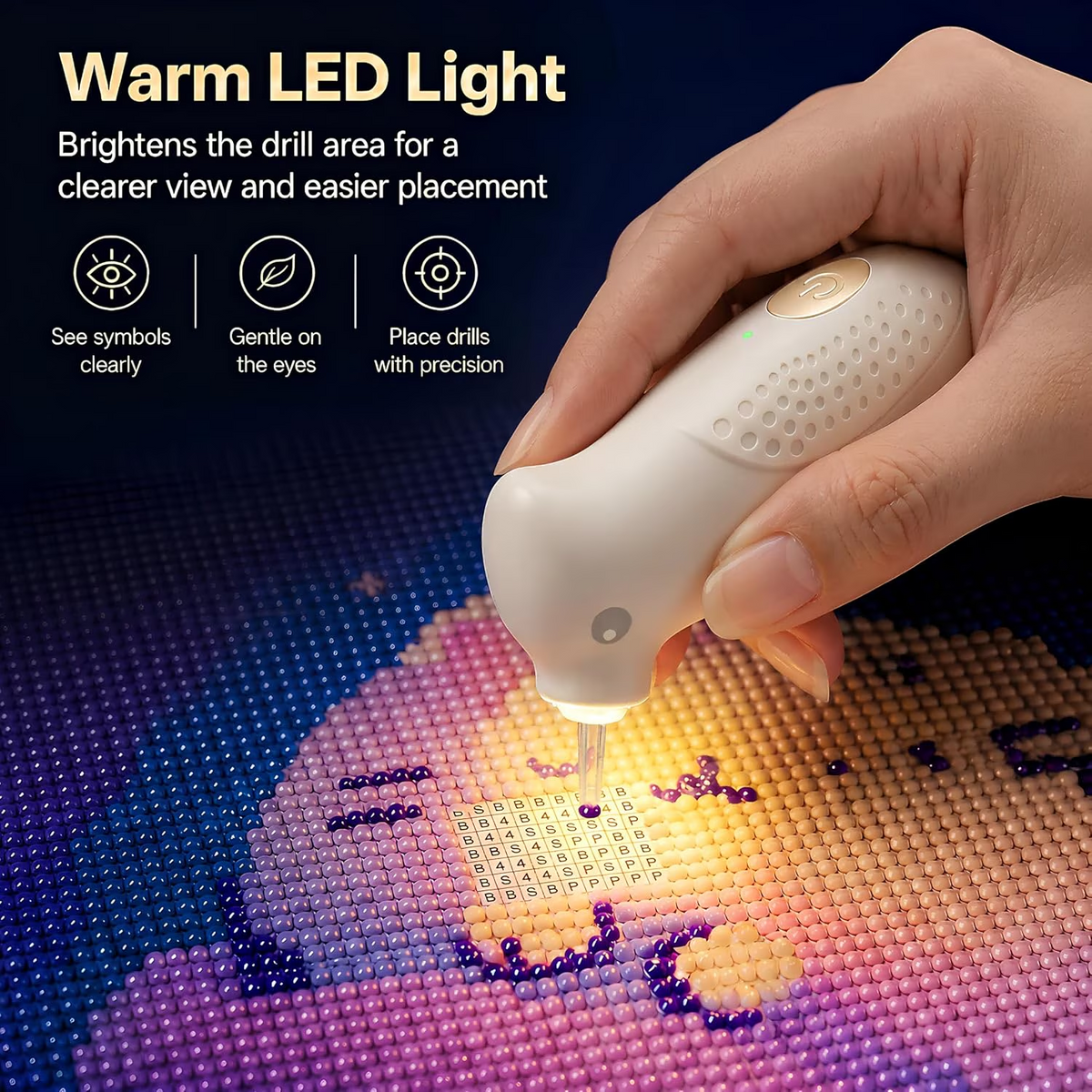 Diamond Painting Pen with Warm Light, Ergonomic Palm-Grip | Diamond art vacuum pen tool with integrated suction tip, wax-free pickup, quiet cordless USB-C rechargeable for 5D DIY crafts, White