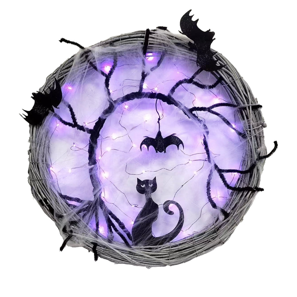 Wiher 18.8Inch Lighted UP Bat and Cat Halloween Wreath Decoration with Purple LED Lights,Battery Operated Horror Black Wreath Halloween Porch Decor