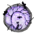 Wiher 18.8Inch Lighted UP Bat and Cat Halloween Wreath Decoration with Purple LED Lights,Battery Operated Horror Black Wreath Halloween Porch Decor