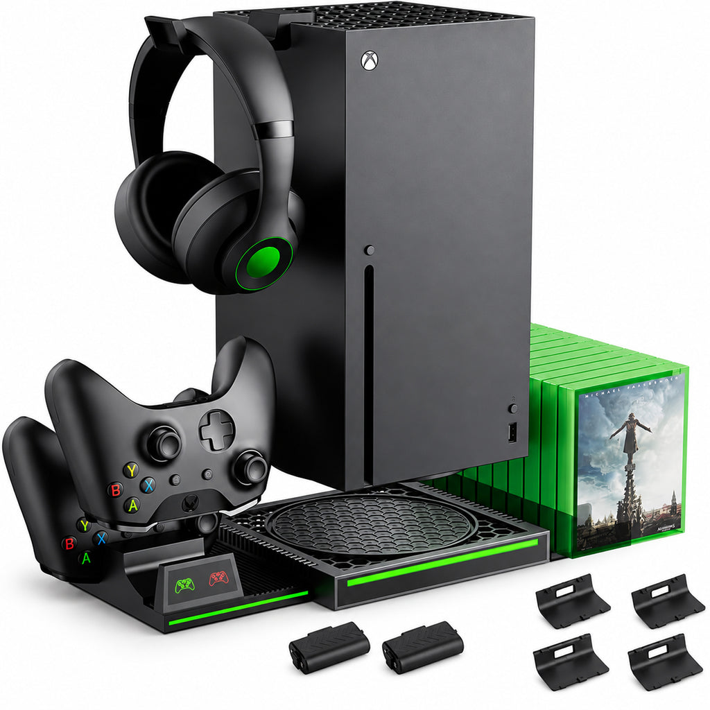 Upgraded Cooling Stand & Charging Station for Xbox Series X Console＆Controller, with 11 RGB Light Modes,2x1400mAh Rechargeable Batteries