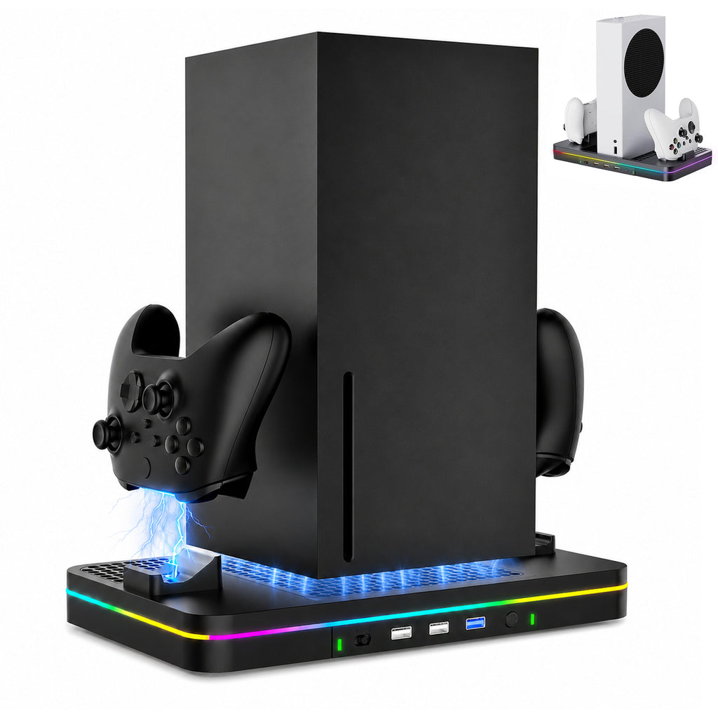 Charging Stand with Cooling Fan, Vertical Stand Compatible with Xbox Series X/S Console&Controller, Dual Controller Charger Station Dock with 3 USB Ports, Black