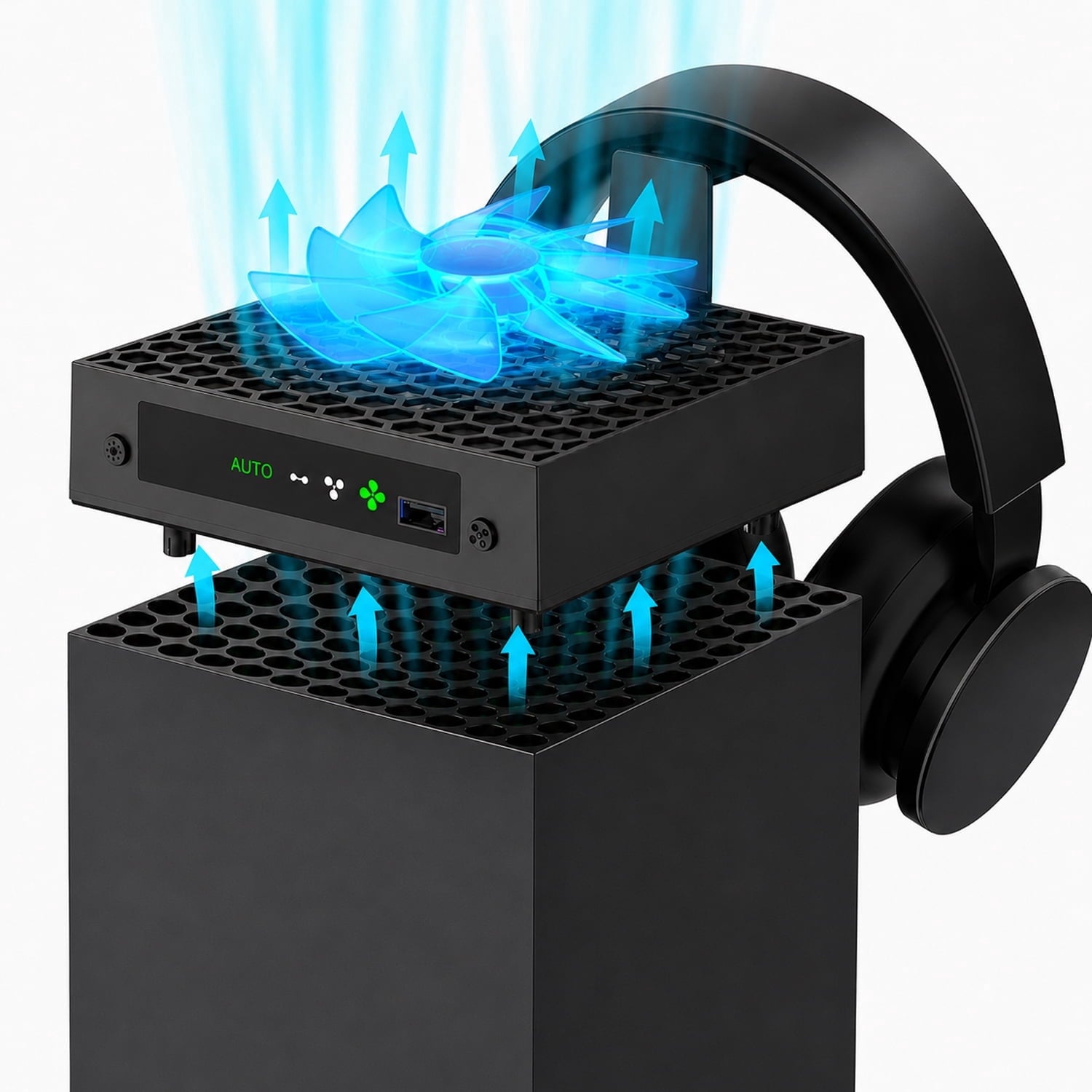 Auto Cooling Fan for Xbox Series X, Cooling System Compatible with Xbox Series X Console Accessories, Automatic Fan Speed Adjustable by Temperature, USB Ports & Headset Holder(Black)