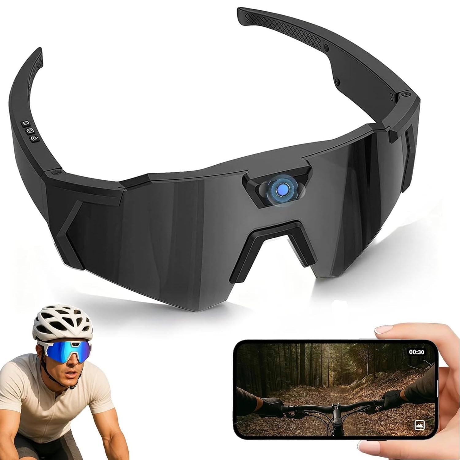 Wiher Smart Camera Glasses, 4k POV Sports Glasses HD Recording Video, Cycling Action Sunglasses, Wearable Audio Take a Picture Wireless Photography Shooting VCR，Suitable for Men and Women(Black)