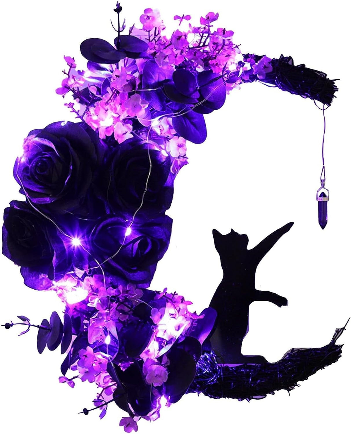 Wiher Halloween Wreaths Decor with Lights for Front Door, 13.77" Halloween Moon Wreath with Black Cat Wood Wreath Halloween Wreath Horror Decorations for Home Party Window Wall Indoor Outdoor A