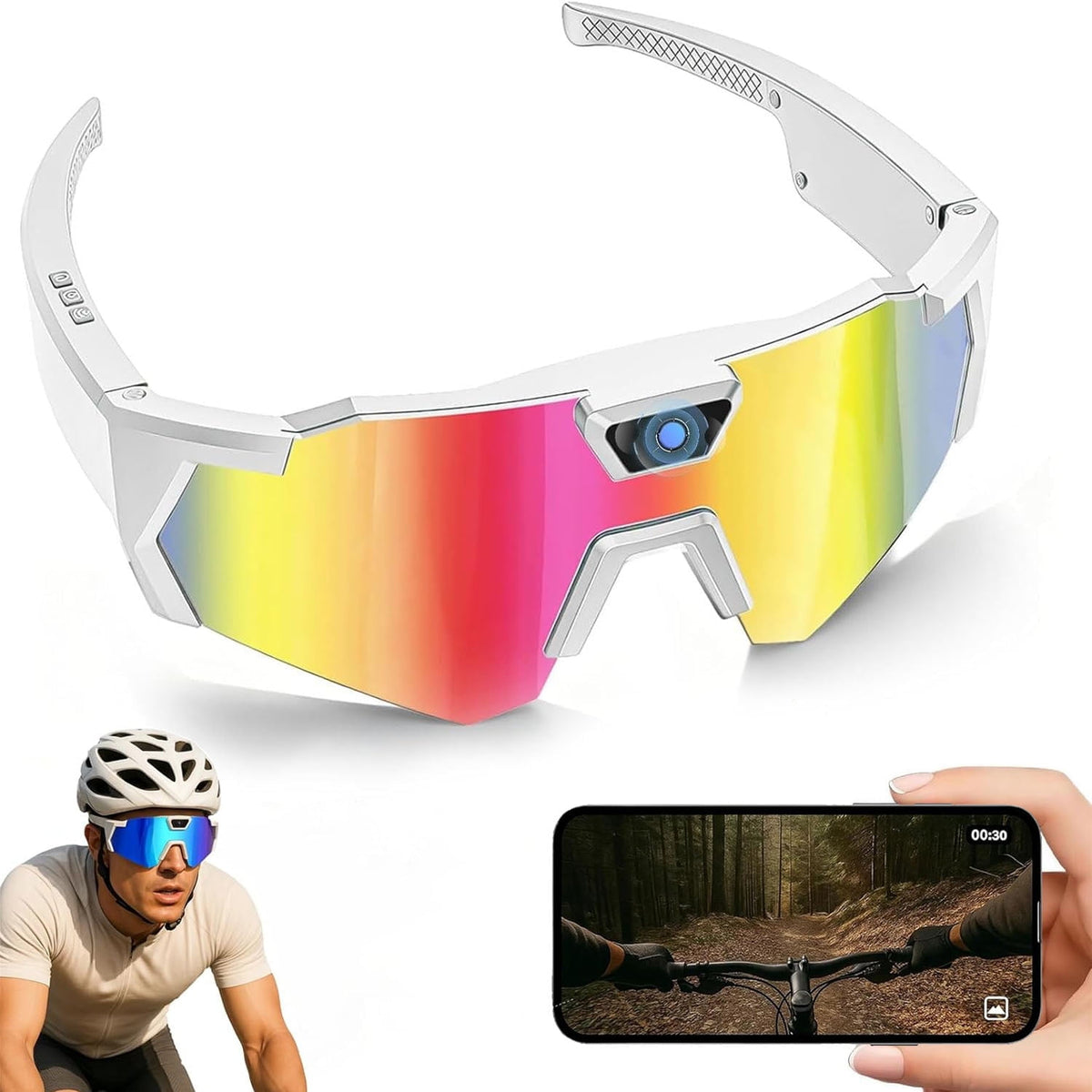 Wiher Smart Camera Glasses, 4k POV Sports Glasses HD Recording Video, Cycling Action Sunglasses, Wearable Audio Take a Picture Wireless Photography Shooting VCR，Suitable for Men and Women(Color)