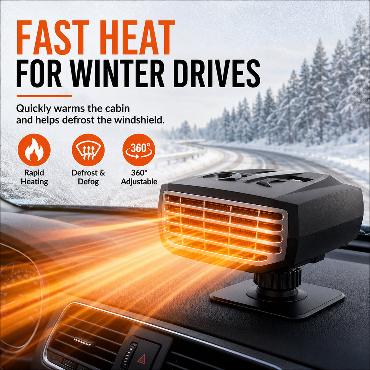 12V Car Heater, 120W Portable Windshield Defogger and Defroster Fast Heating & Cooling Fans with Cigarette Lighter Plug,360° Rotatable Portable Car Heaters for Vehicle, SUV & RV(Black)