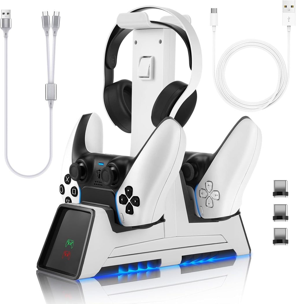 3 in 1 Controller Charging Station for PS VR2 / PS5 / PS5 Edge with 5V/3A Adapter & Led Light, Wireless Controller Charger Dock for Playstation 5, Charging Stand with VR2 Headset Holder