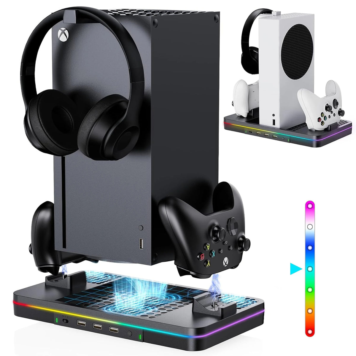 Charging Stand for Xbox Series X/S Console with Cooling Fan Controller Charging Dock and Headset Holder, Xbox Series Accessories with 3 USB Ports, Black