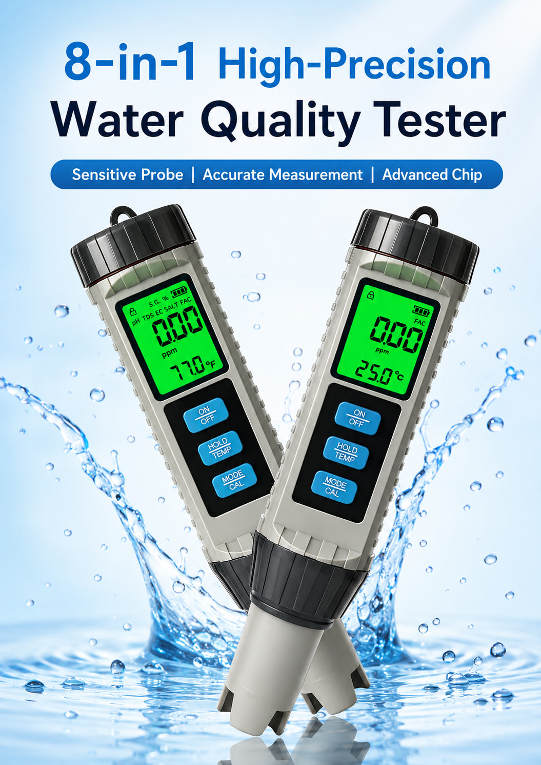 Wiher Pool Salt Tester, 8 in 1 Pool Salt Tester for Water PH / TDS / EC / SALT / TEMP/CL/S.G/ ORP Meter with ATC, for Household Drinking Water Pool Spas Fish Tank