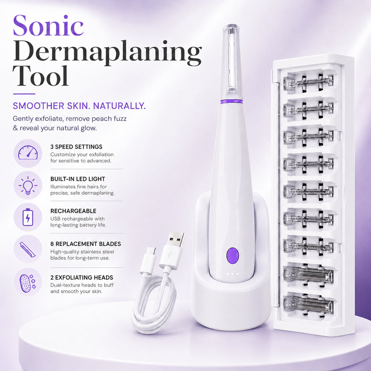 Dermaplane Razor, Sonic Dermaplaning Tool for Peach Fuzz Removal & Facial Hair, Rechargeable Facial Exfoliation Device with LED Light, 3 Speeds, 8 Blades & 2 Microsmooth Exfoliation Tips,White