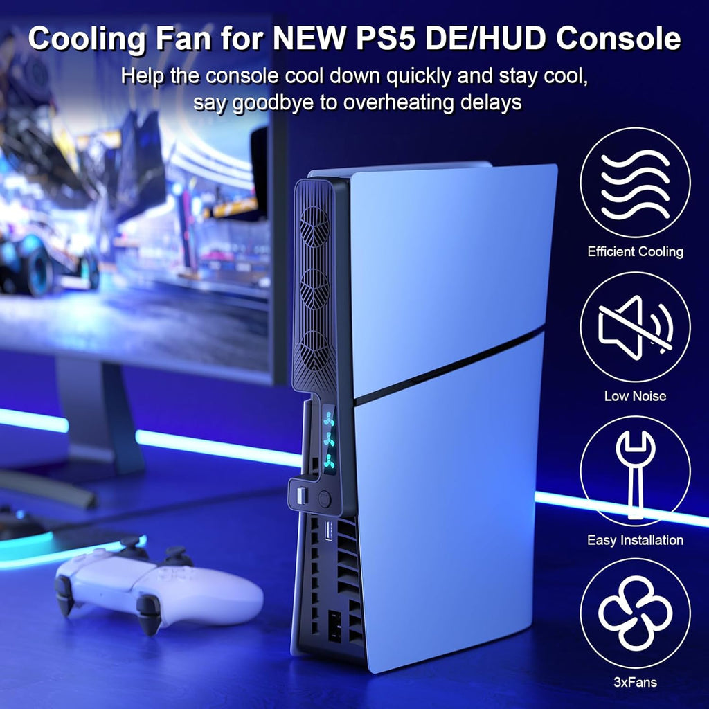PS5 Slim Cooling Fan, Prociv New Playstation 5 Slim Console Accessories Cooler with USB Port and 3 Adjustable Quiet 9500-Speed Fans, PS5 Slim Digital/Disc Edition System Black