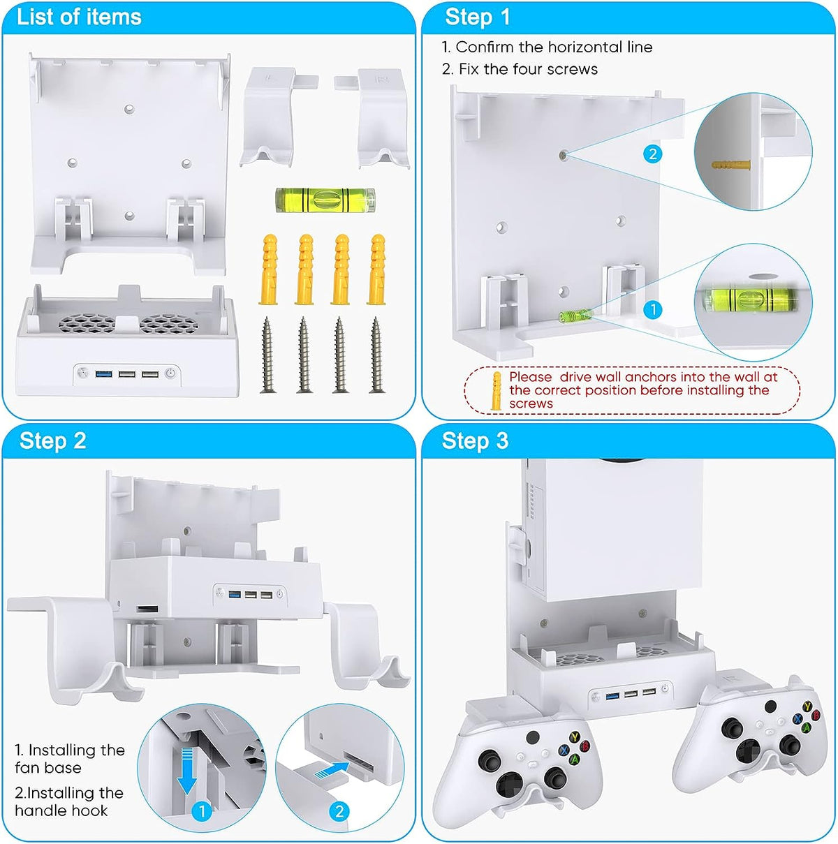 Wall Mount Holder for Xbox Series S, Wiher Wall Mount Kit Accessories with Cooling Bracket, RGB LED Light Strip, USB Port, Controller Hook for Series S White