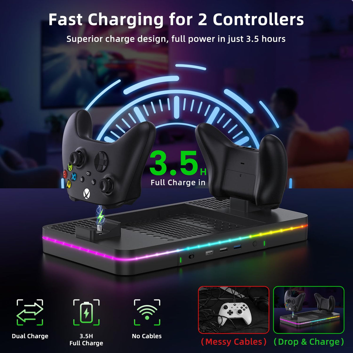Charging Stand with Cooling Fan, Vertical Stand Compatible with Xbox Series X/S Console&Controller, Dual Controller Charger Station Dock with 3 USB Ports, Black