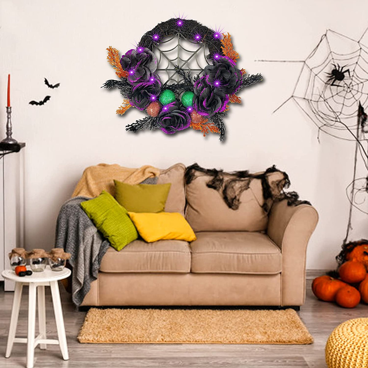 Prociv 20 LED Halloween Wreaths for Front Door, Pre-Lit Artificial Purple Halloween Lights Wreath for Home Door Wall Decorations 17.7"
