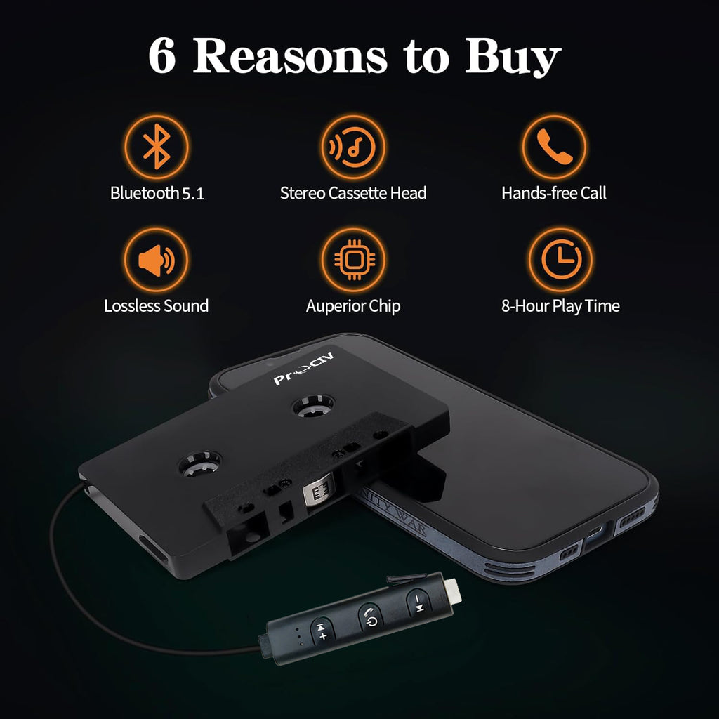 Prociv New Car Audio Bluetooth Wireless Cassette Receiver, Bluetooth 5.1 Car Audio Stereo Cassette Vehicle Tape Converter Cassette, Work While Charging Black