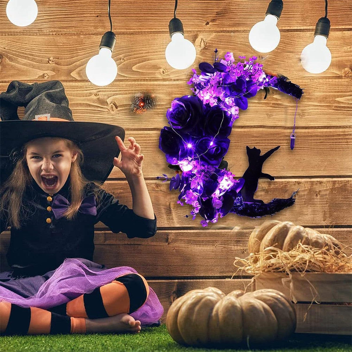Wiher Halloween Wreaths Decor with Lights for Front Door, 13.77" Halloween Moon Wreath with Black Cat Wood Wreath Halloween Wreath Horror Decorations for Home Party Window Wall Indoor Outdoor A