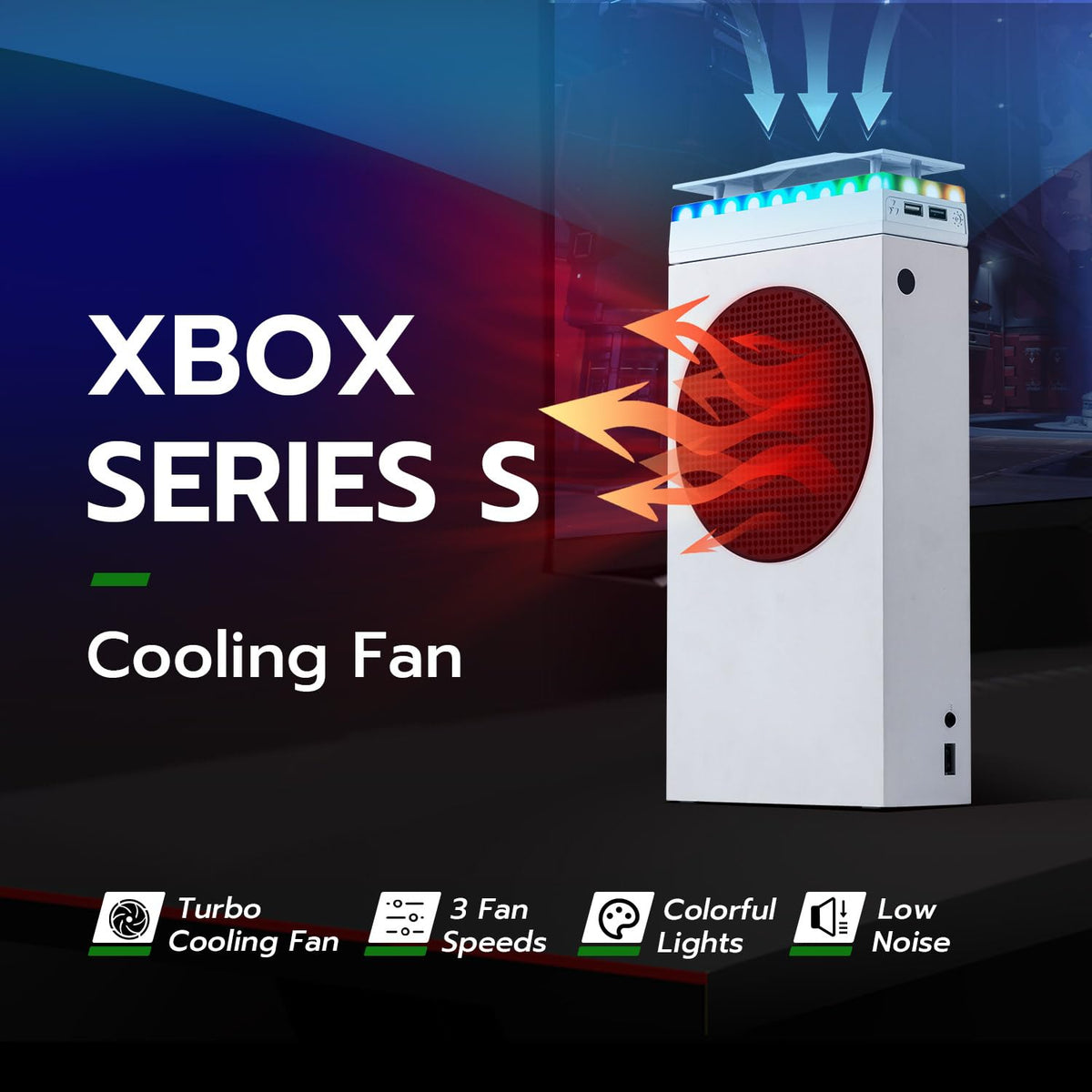 RGB Cooling Fan for Xbox Series S, Cooling System with 3 Speed Level Adjustable, 7 Modes RGB Light Strip, Dust Filter, Low Noise and 2 USB Port, Cooler Fan for Xbox Series S Console(Black)
