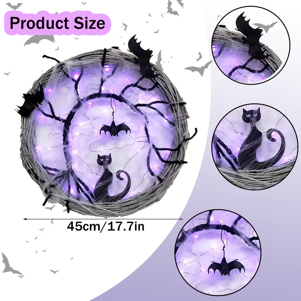 Wiher 18.8Inch Lighted UP Bat and Cat Halloween Wreath Decoration with Purple LED Lights,Battery Operated Horror Black Wreath Halloween Porch Decor