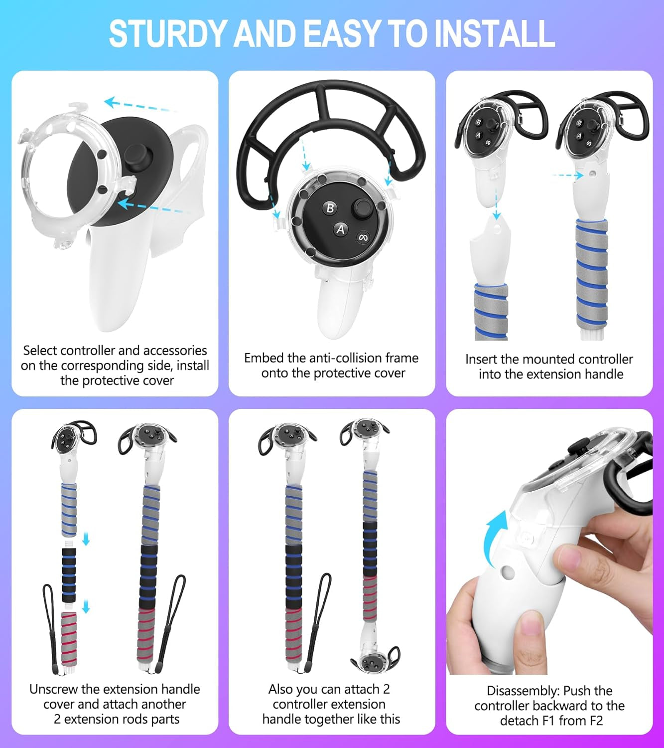 3 in 1 Handle Attachments for Meta Quest 3 Controller Grips Accessories, VR Handle Extender Extension Grips for Oculus Quest 3 Beat Saber, Golf Club, Gorilla Tag Long Arms, Rowing Crew White