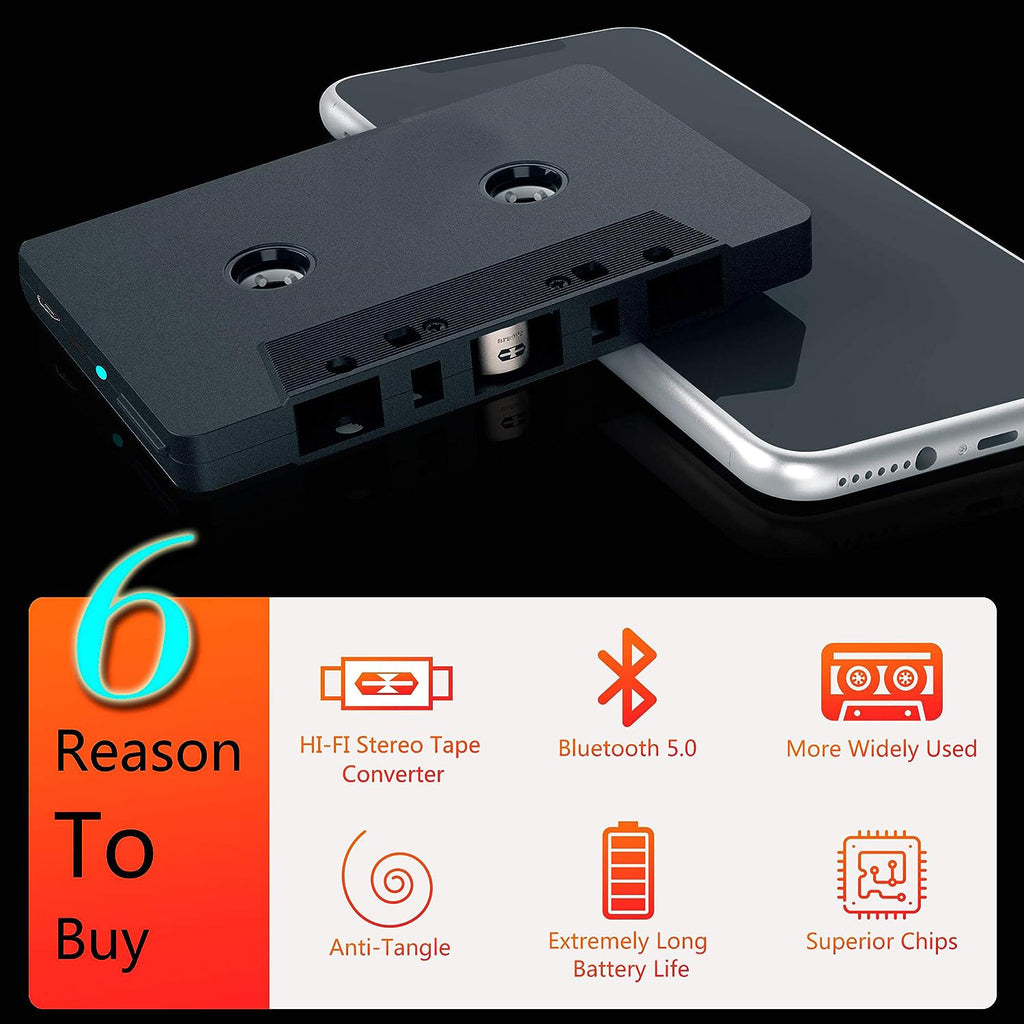 Wiher Car Audio Bluetooth Wireless Cassette Receiver, Tape Player Bluetooth 5.0 Cassette Aux Adapter Black