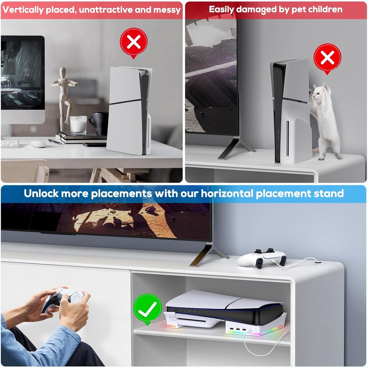 RGB Horizontal Stand for PS5 Pro / Slim Console Accessories with 14 Light Mode and 4 USB Hubs, Side Stand for Playstation 5 Pro / Slim Disc & Digital, Base Holder with Fast Charging, White