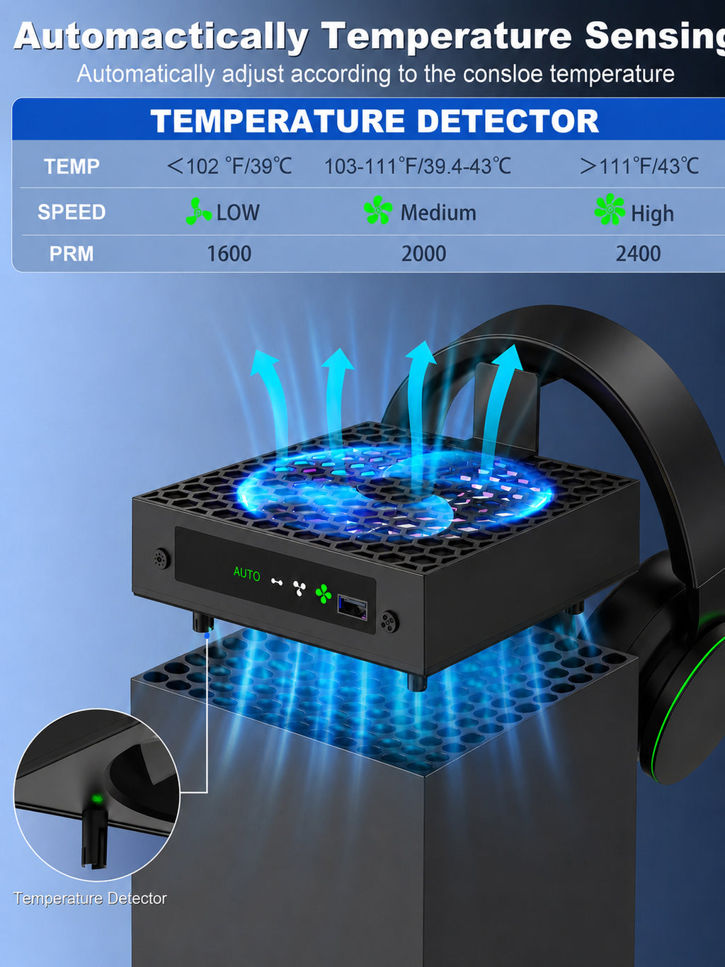 Auto Cooling Fan for Xbox Series X, Cooling System Compatible with Xbox Series X Console Accessories, Automatic Fan Speed Adjustable by Temperature, USB Ports & Headset Holder(Black)
