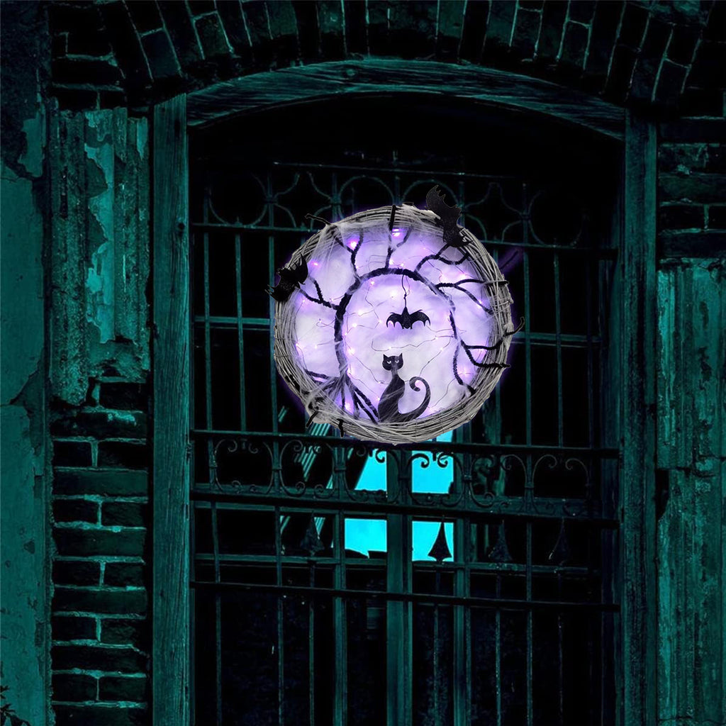 Wiher 18.8Inch Lighted UP Bat and Cat Halloween Wreath Decoration with Purple LED Lights,Battery Operated Horror Black Wreath Halloween Porch Decor
