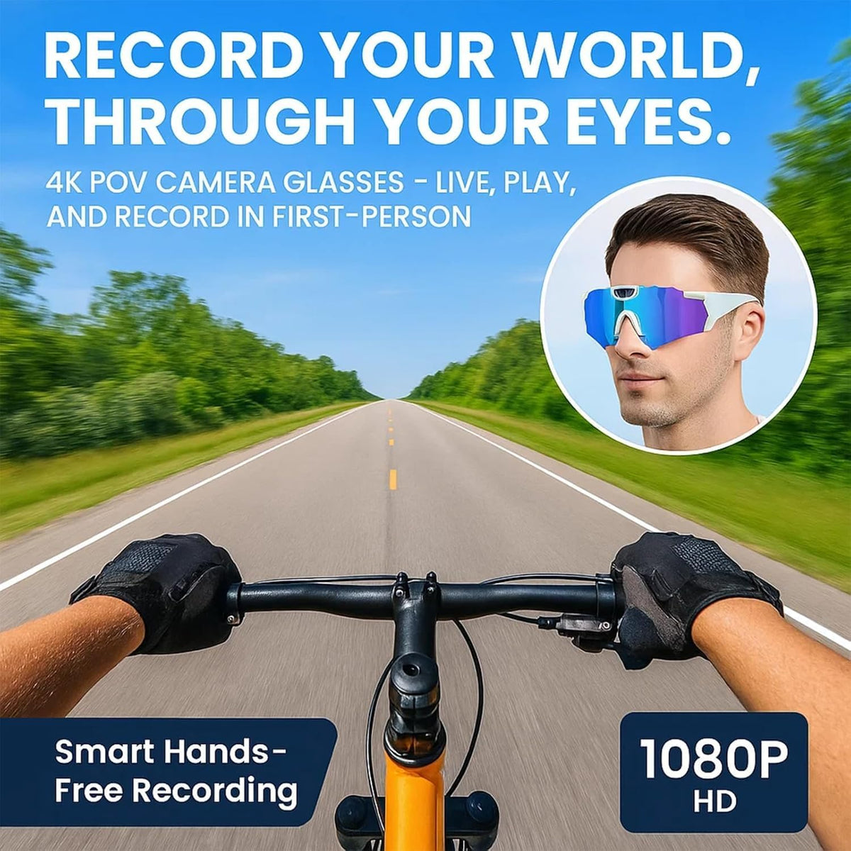 Wiher Smart Camera Glasses, 4k POV Sports Glasses HD Recording Video, Cycling Action Sunglasses, Wearable Audio Take a Picture Wireless Photography Shooting VCR，Suitable for Men and Women(Color)