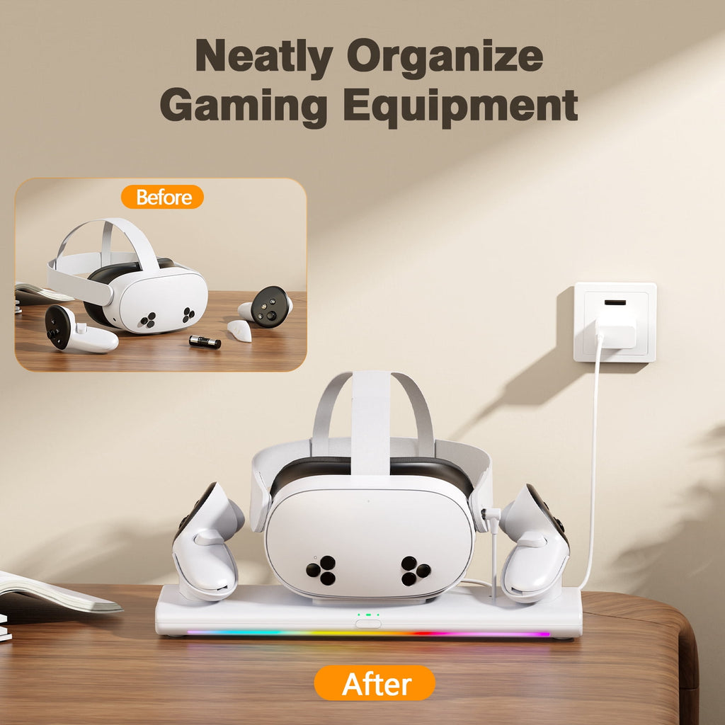 VR Charging Dock for Meta Quest 3S/Quest 3/Quest 2, Magnetic Charging Station for Oculus Quest 3 VR Headset & Controllers, with 2 Rechargeable 2100mAh Batteries, Supports LED Indicator,White