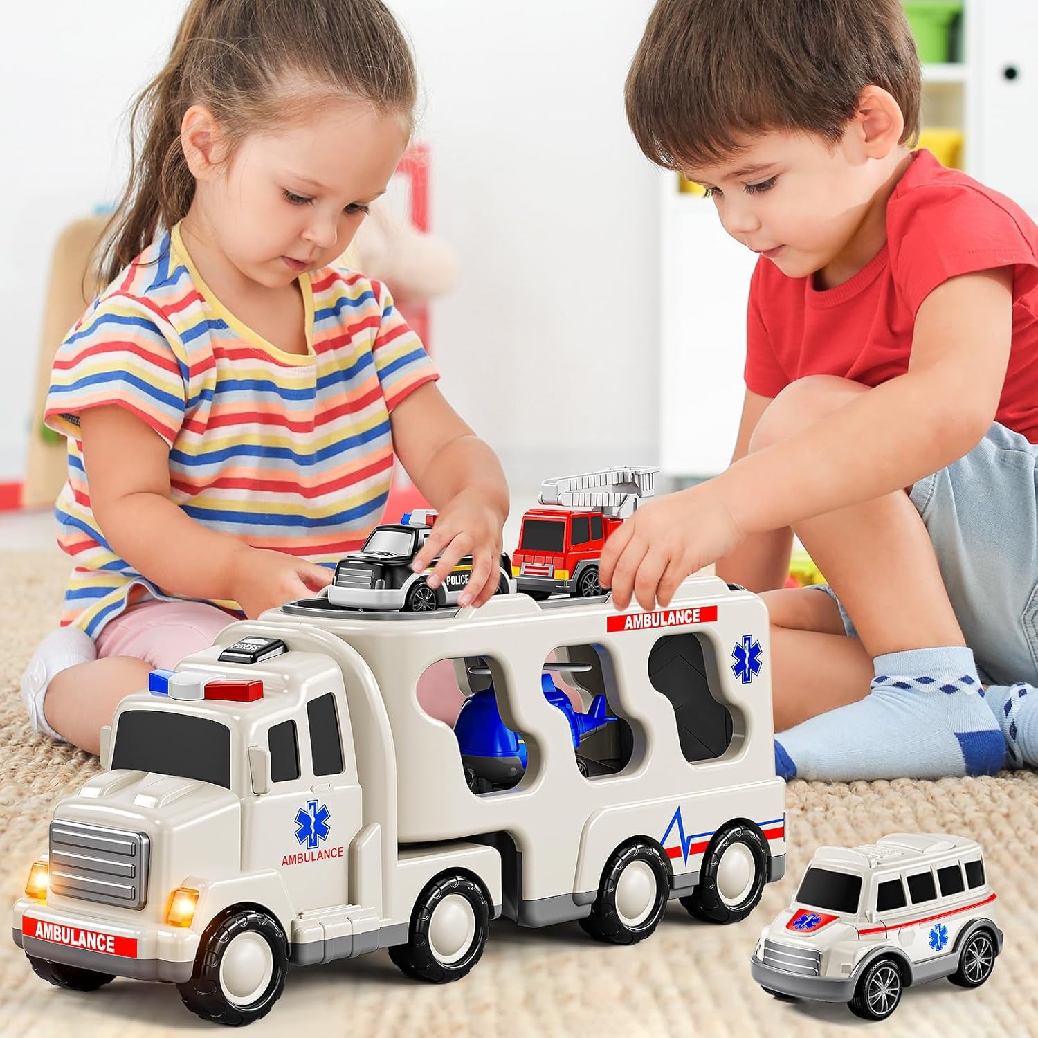 5 in 1 Emergency Rescue Vehicle Carrier Truck Toys for 3-6 Year Old Boys, Friction Power Cars with Rescue Helicopter, Police Car, Fire Truck, Ambulance Car, Christmas Birthday Gifts for Girls Age 3-9