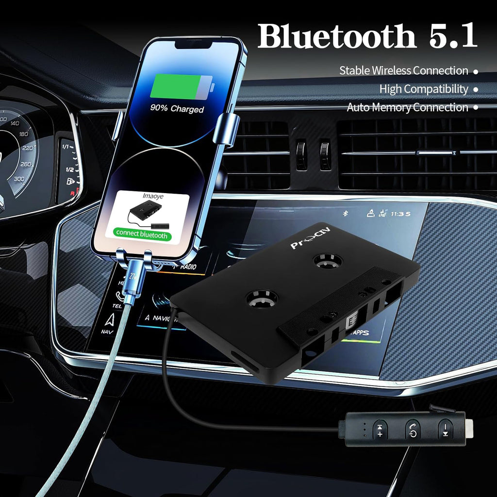 Prociv New Car Audio Bluetooth Wireless Cassette Receiver, Bluetooth 5.1 Car Audio Stereo Cassette Vehicle Tape Converter Cassette, Work While Charging Black