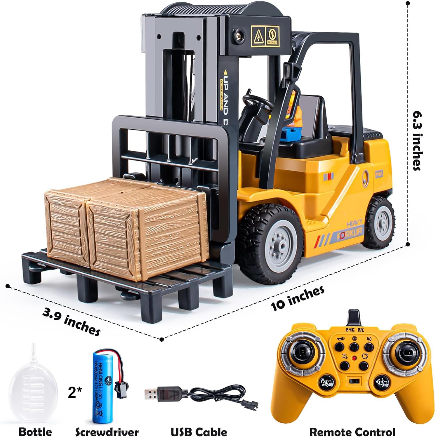 RC Forklift Truck, Remote Control Crane, Full Function Forklift RC Construction Toys Car, 2 Batteries, Spray, Light, Fork Crane Truck Toy Gift for Kids 6+
