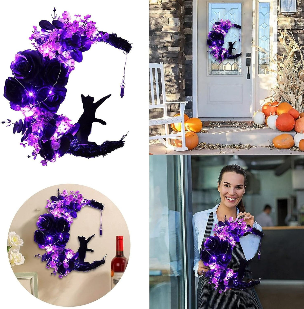 Wiher Halloween Wreaths Decor with Lights for Front Door, 13.77" Halloween Moon Wreath with Black Cat Wood Wreath Halloween Wreath Horror Decorations for Home Party Window Wall Indoor Outdoor A