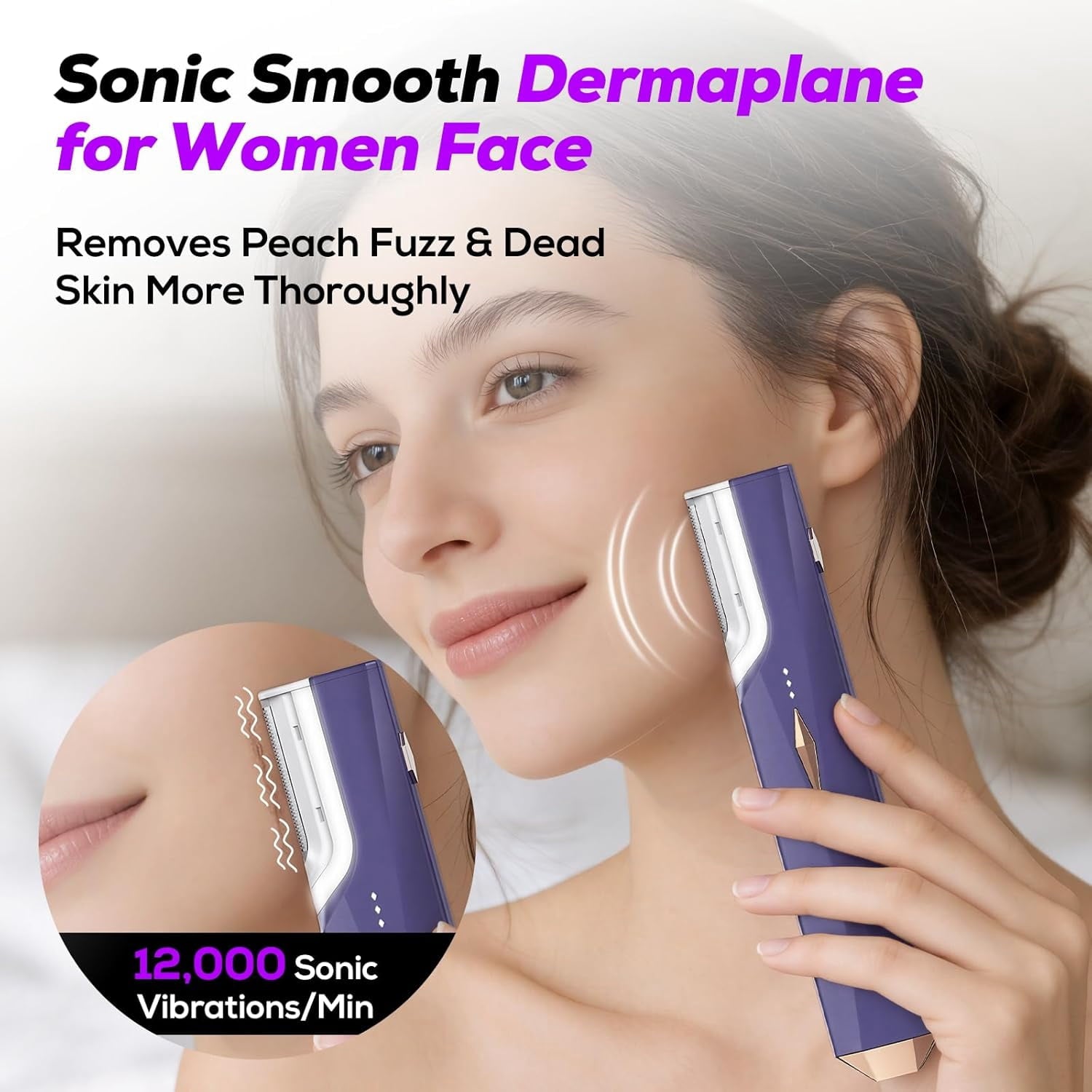 Dermaplane Razor for Women Face, Rechargeable Face Dermaplaning Tool – Peach Fuzz, Facial Hair & Exfoliation Removal, Sonic Technology with LED Light, 3 Speeds & 10 Blades