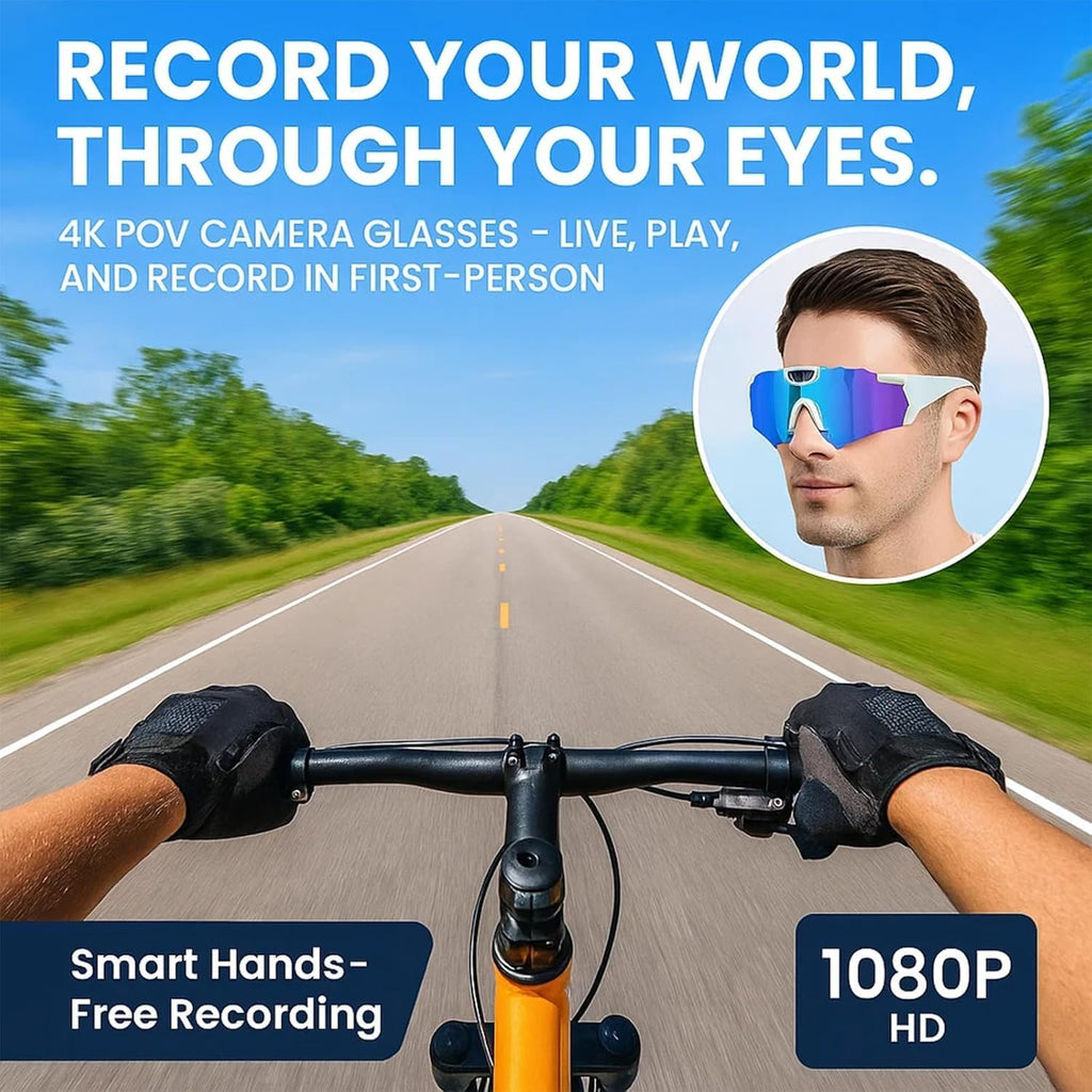 Wiher Smart Camera Glasses, 4k POV Sports Glasses HD Recording Video, Cycling Action Sunglasses, Wearable Audio Take a Picture Wireless Photography Shooting VCR，Suitable for Men and Women(Blue)