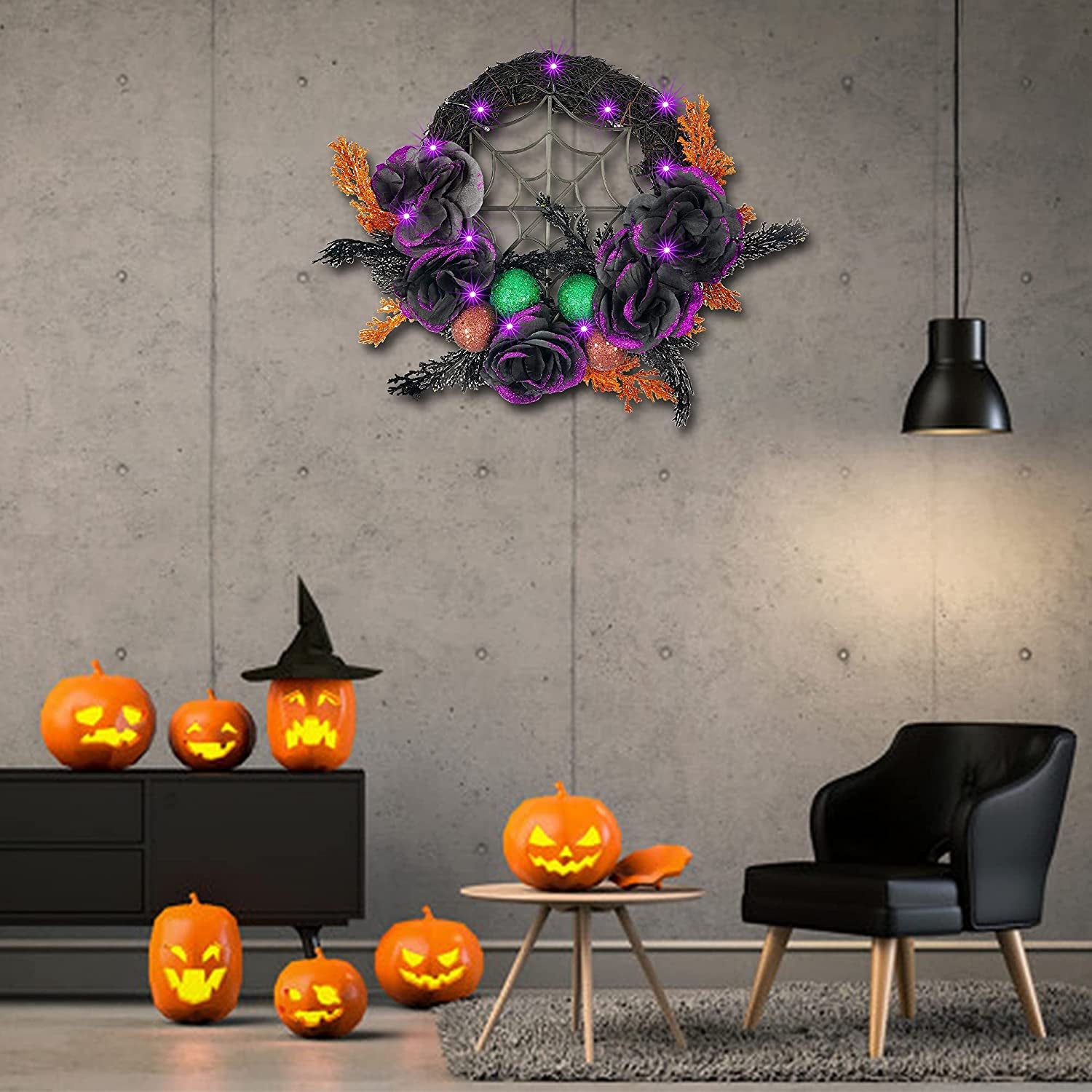 Prociv 20 LED Halloween Wreaths for Front Door, Pre-Lit Artificial Purple Halloween Lights Wreath for Home Door Wall Decorations 17.7"