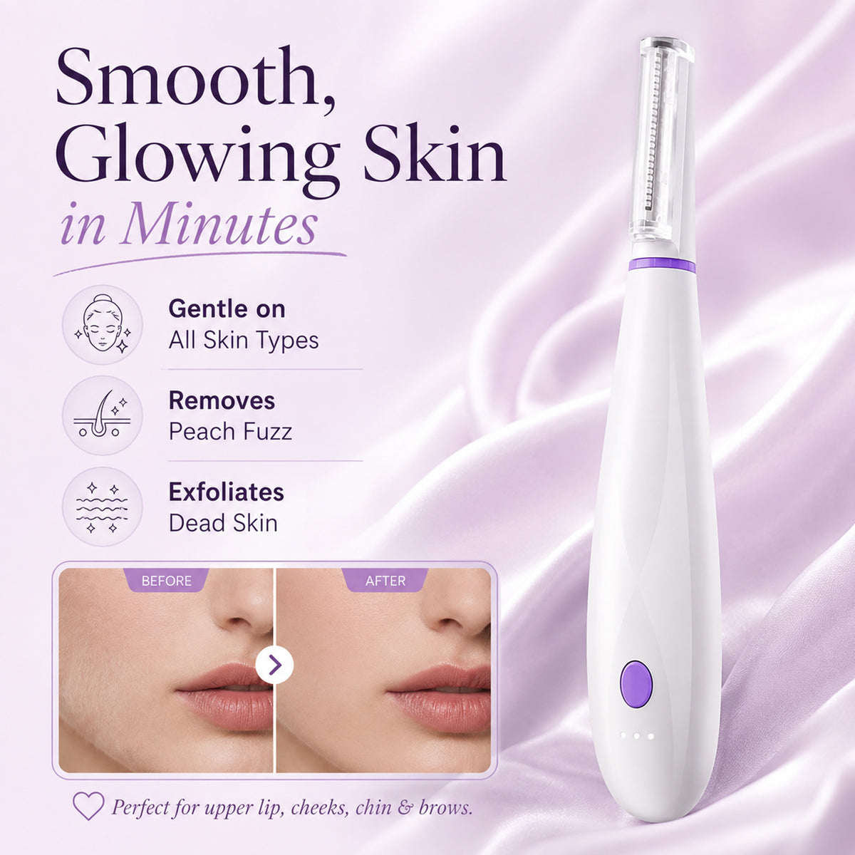 Dermaplane Razor, Sonic Dermaplaning Tool for Peach Fuzz Removal & Facial Hair, Rechargeable Facial Exfoliation Device with LED Light, 3 Speeds, 8 Blades & 2 Microsmooth Exfoliation Tips,White