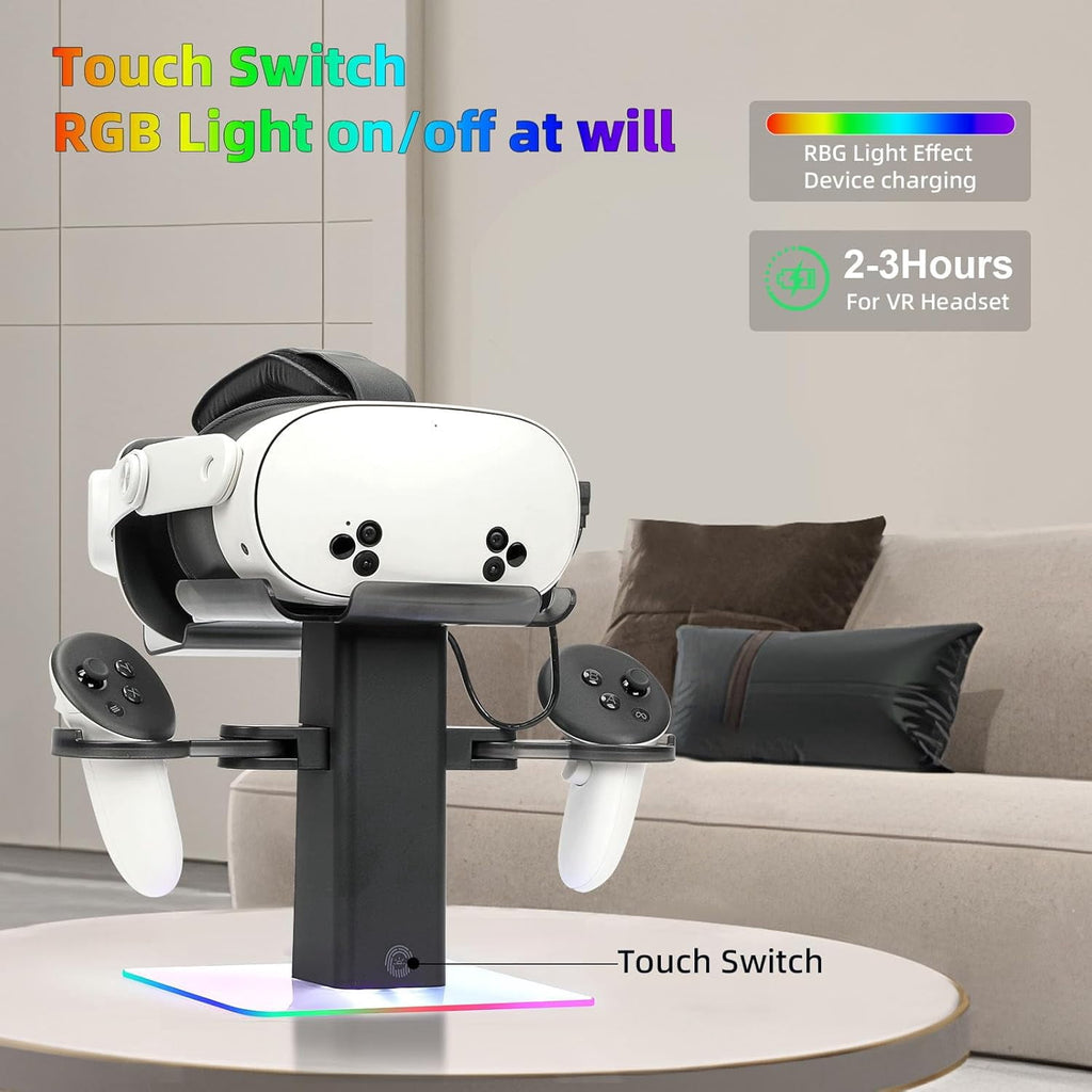VR Stand Headset Charging Dock for Quest 3S/Quest 3/Quest 2 VR Headset Display Stand and Stable Bracket Storage Base Bottom RGB LED Light