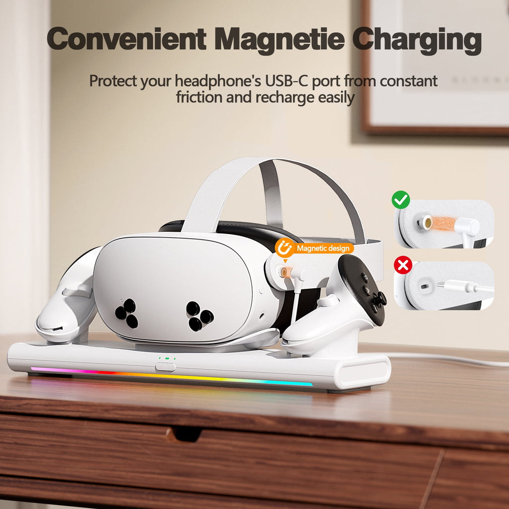 VR Charging Dock for Meta Quest 3S/Quest 3/Quest 2, Magnetic Charging Station for Oculus Quest 3 VR Headset & Controllers, with 2 Rechargeable 2100mAh Batteries, Supports LED Indicator,White