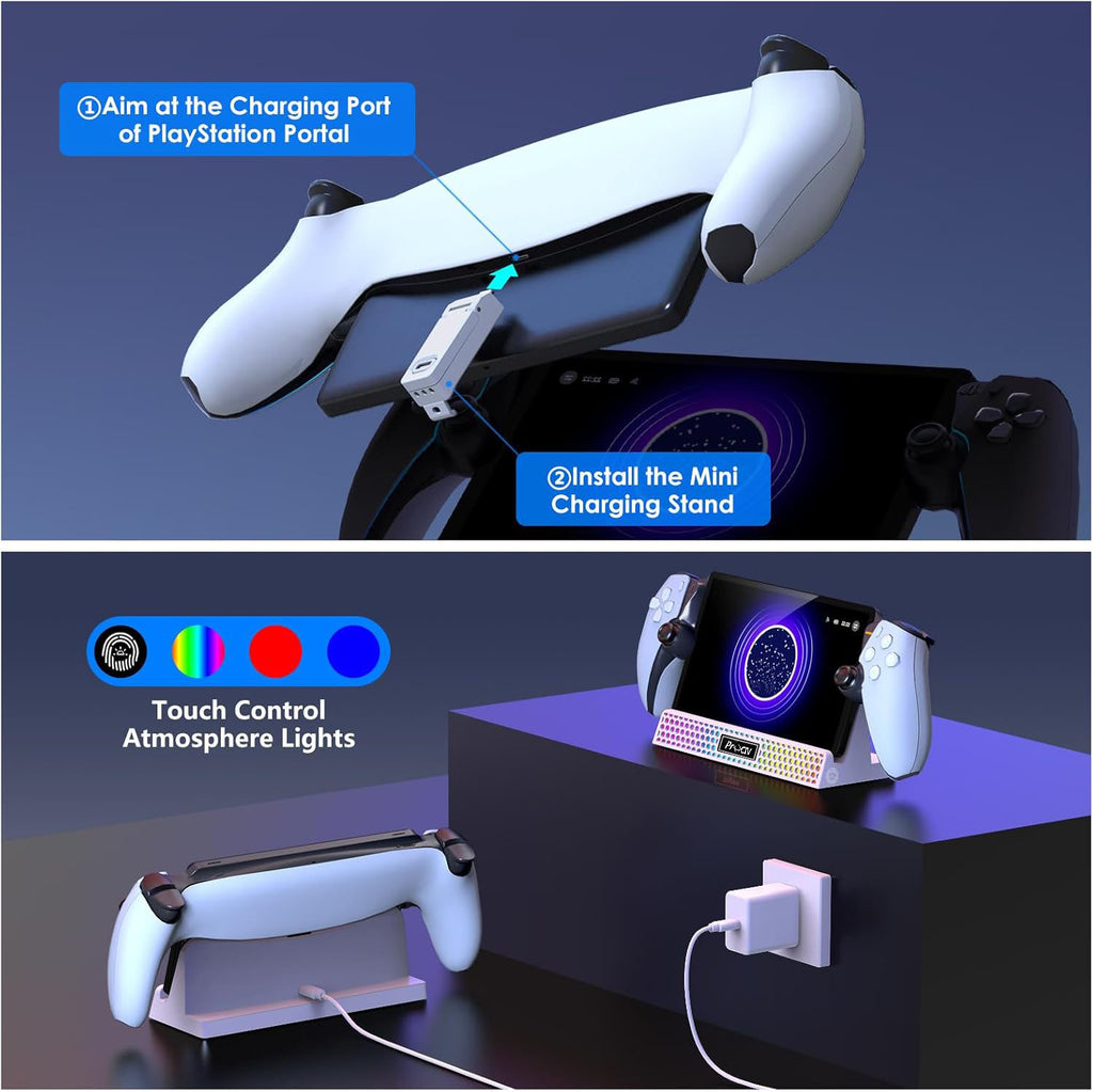 Charging Dock for PlayStation Portal, 3 in 1 Charging Stand for PS5 Portal with 14 RGB Light and 4.9ft USB C Charging Cable, Portable Charger Accessories for PlayStation Portal Remote Player(White)