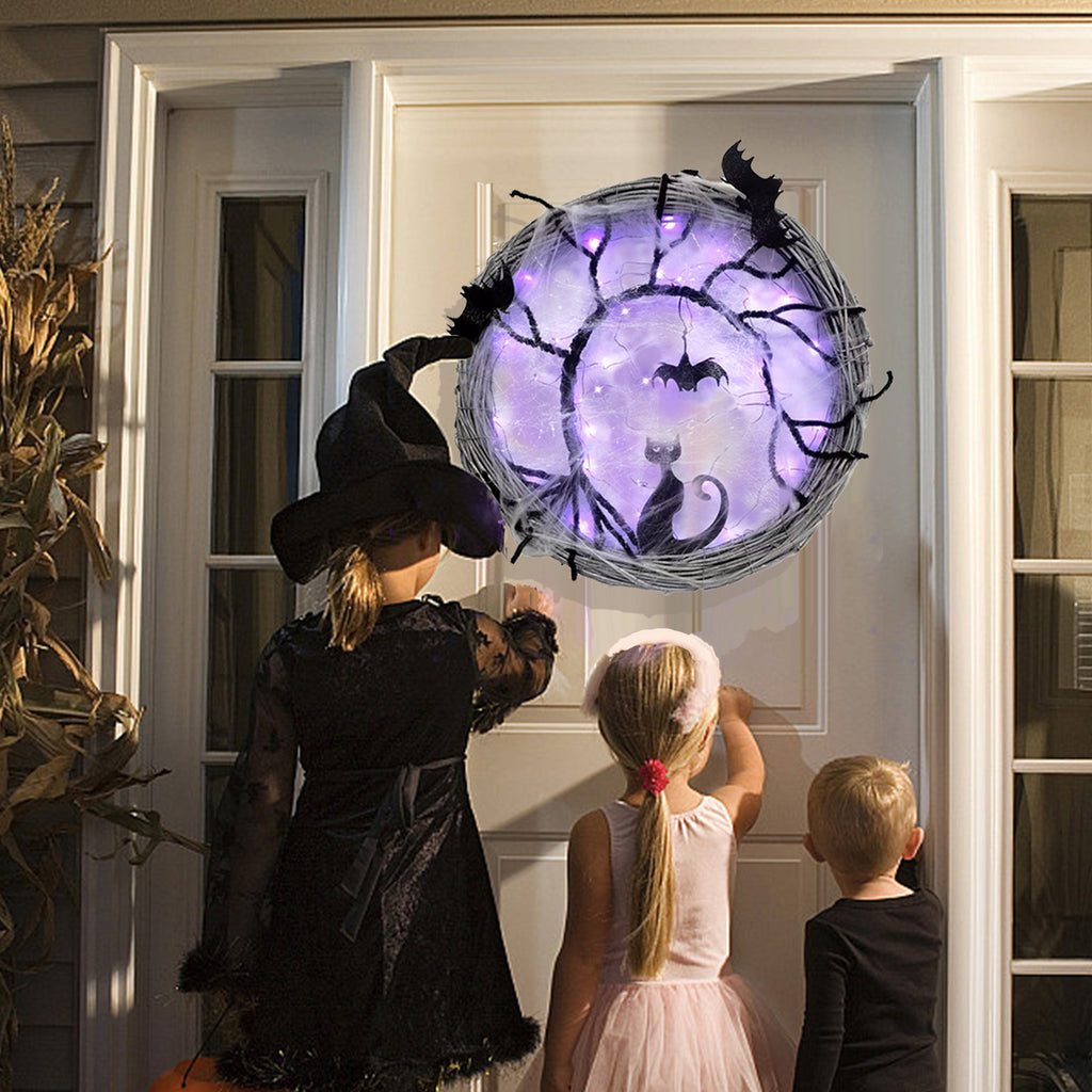 Wiher 18.8Inch Lighted UP Bat and Cat Halloween Wreath Decoration with Purple LED Lights,Battery Operated Horror Black Wreath Halloween Porch Decor