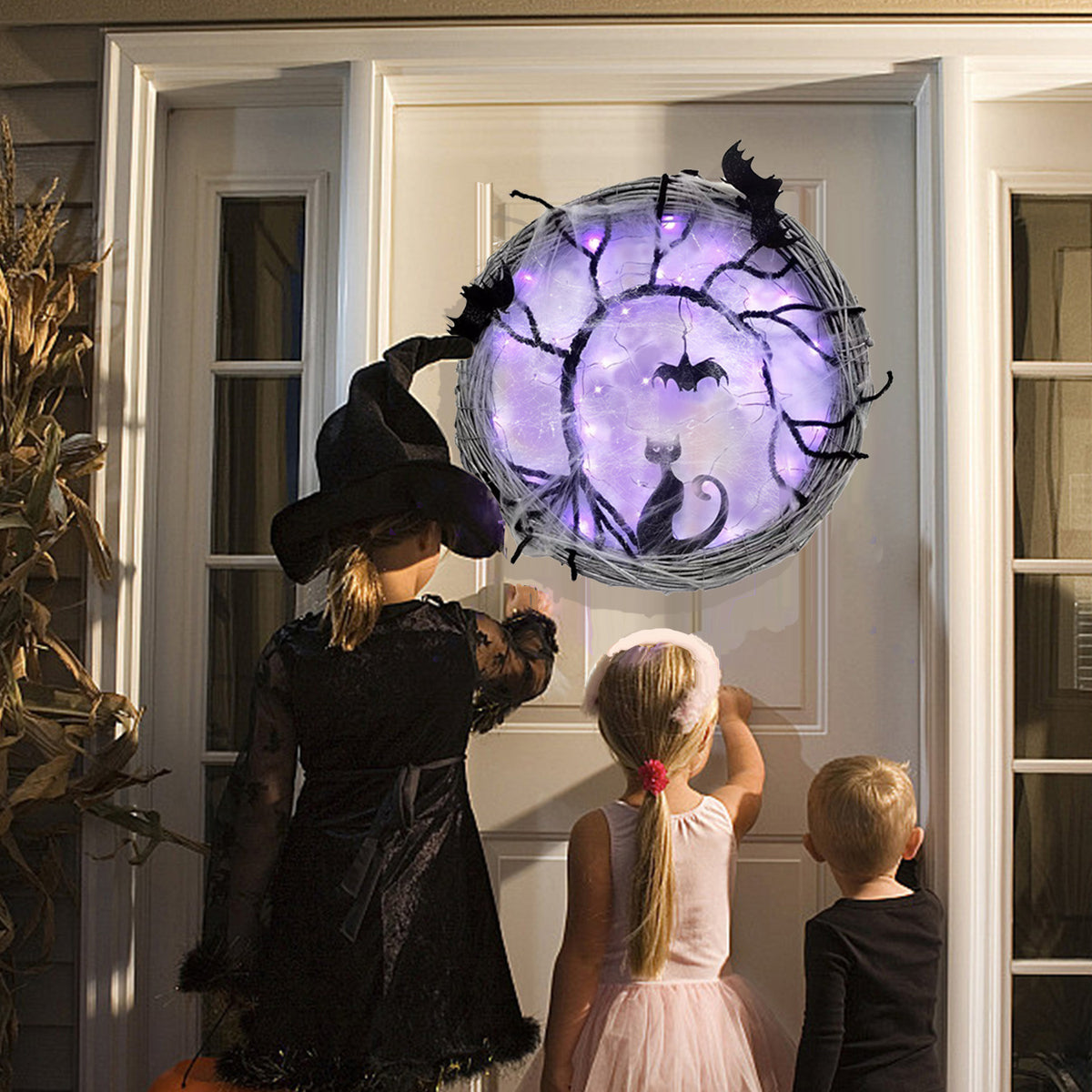 Wiher 18.8Inch Lighted UP Bat and Cat Halloween Wreath Decoration with Purple LED Lights,Battery Operated Horror Black Wreath Halloween Porch Decor