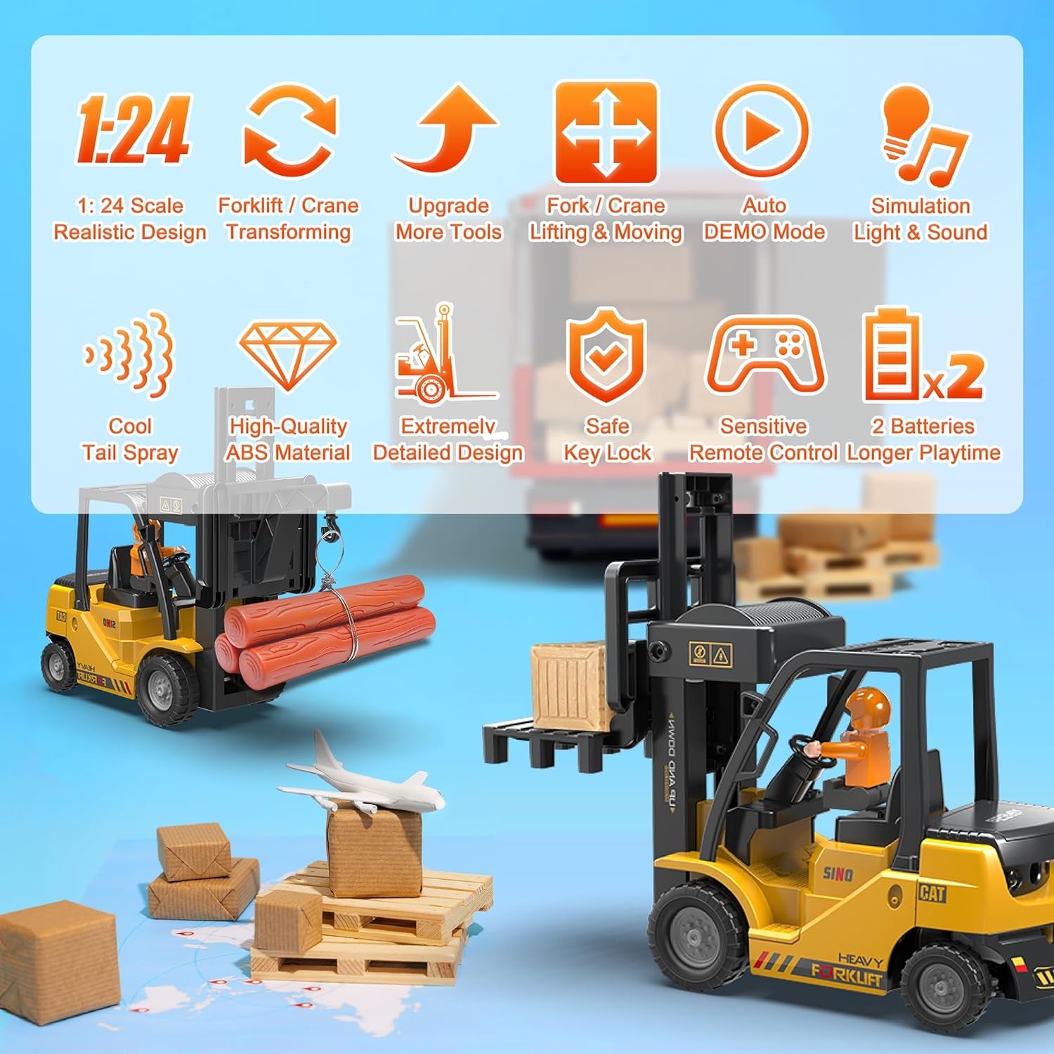 RC Forklift Truck, Remote Control Crane, Full Function Forklift RC Construction Toys Car, 2 Batteries, Spray, Light, Fork Crane Truck Toy Gift for Kids 6+