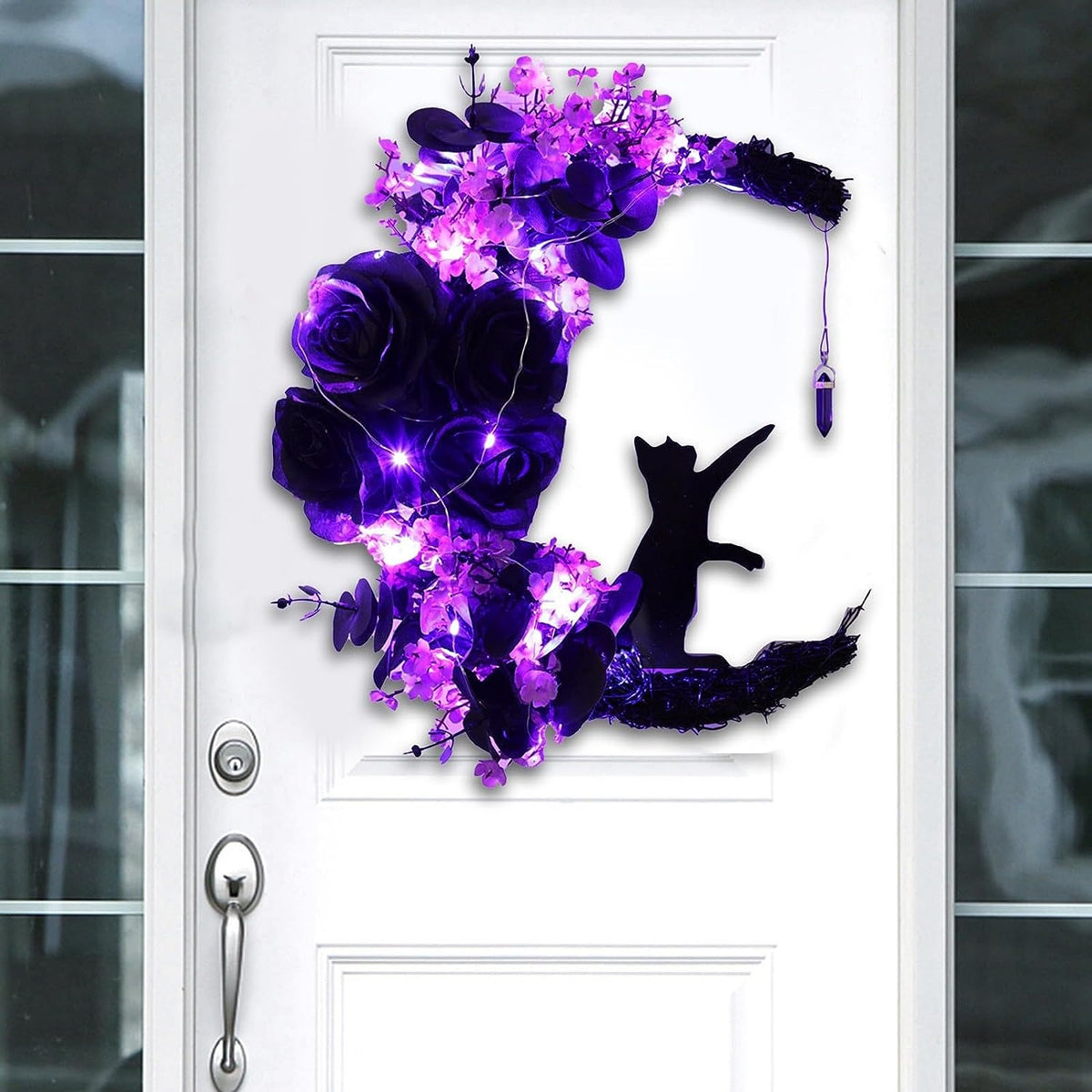Wiher Halloween Wreaths Decor with Lights for Front Door, 13.77" Halloween Moon Wreath with Black Cat Wood Wreath Halloween Wreath Horror Decorations for Home Party Window Wall Indoor Outdoor A