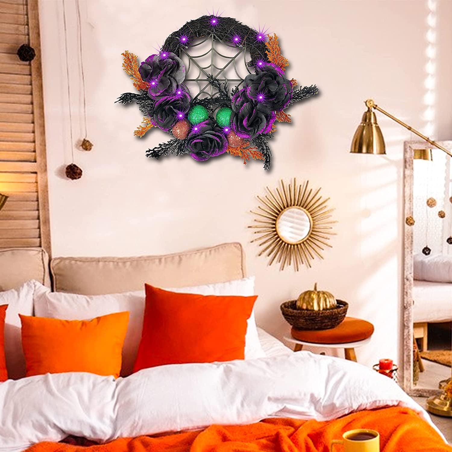 Prociv 20 LED Halloween Wreaths for Front Door, Pre-Lit Artificial Purple Halloween Lights Wreath for Home Door Wall Decorations 17.7"