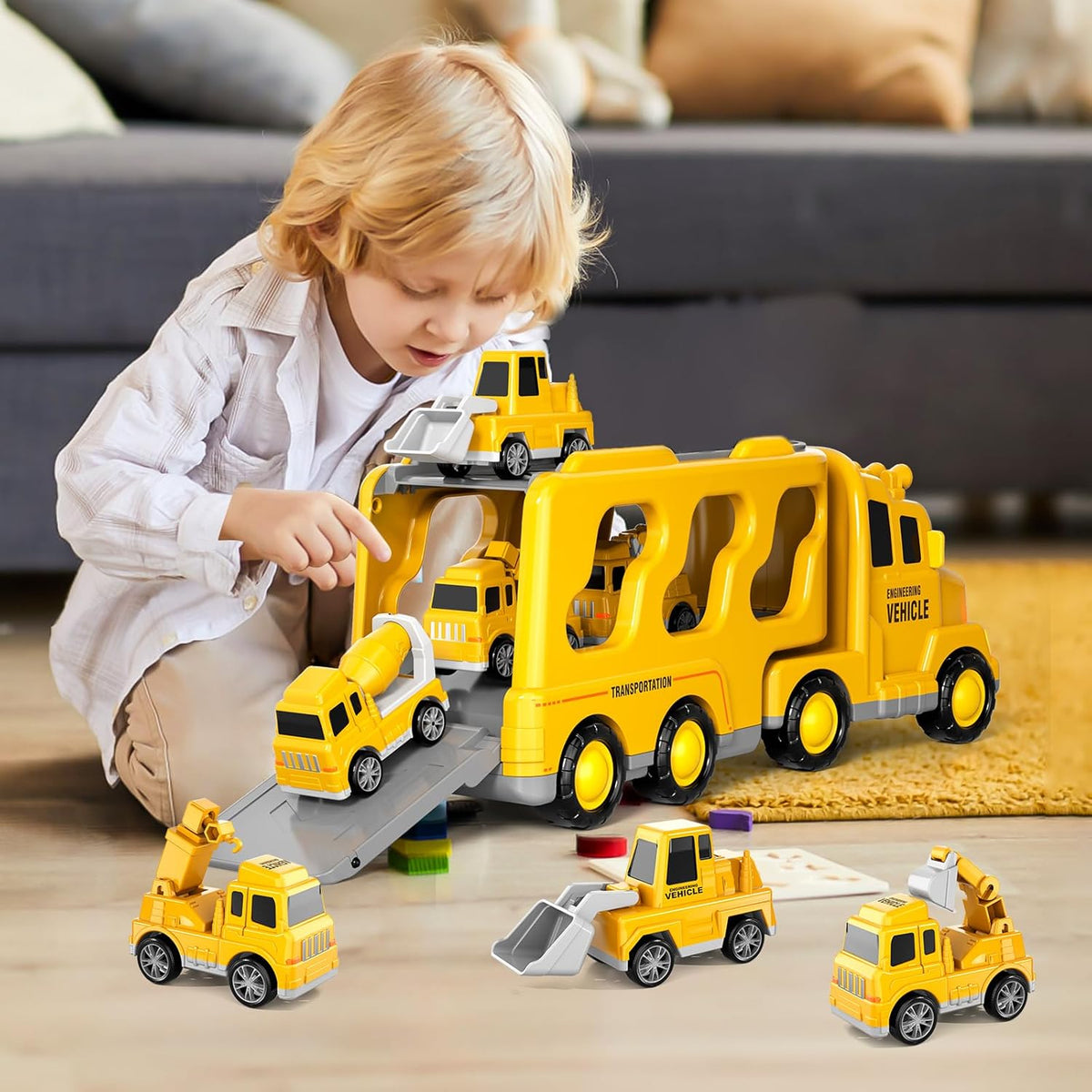 LC-dolida 5 in 1 Construction Car Carrier Truck Toys for 3 4 5 6 Year Old Boys, Friction Power Cars with Excavator,Bulldozer,Crane,Cement tanker, Christmas Birthday Boys for Boys Age 3-9