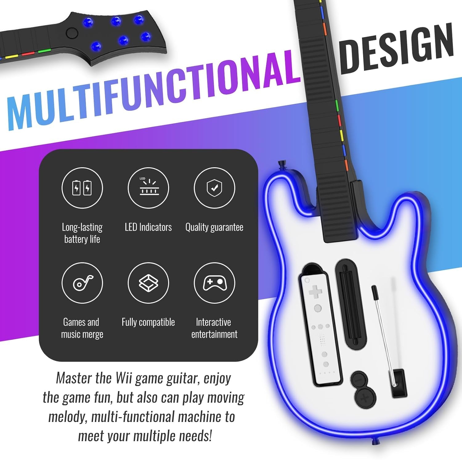 Guitar Controller Compatible with Nintendo Wii, Guitar Remote with Strap/RGB Light for Guitar Hero,Rock Band 2, Legends of Rock Black