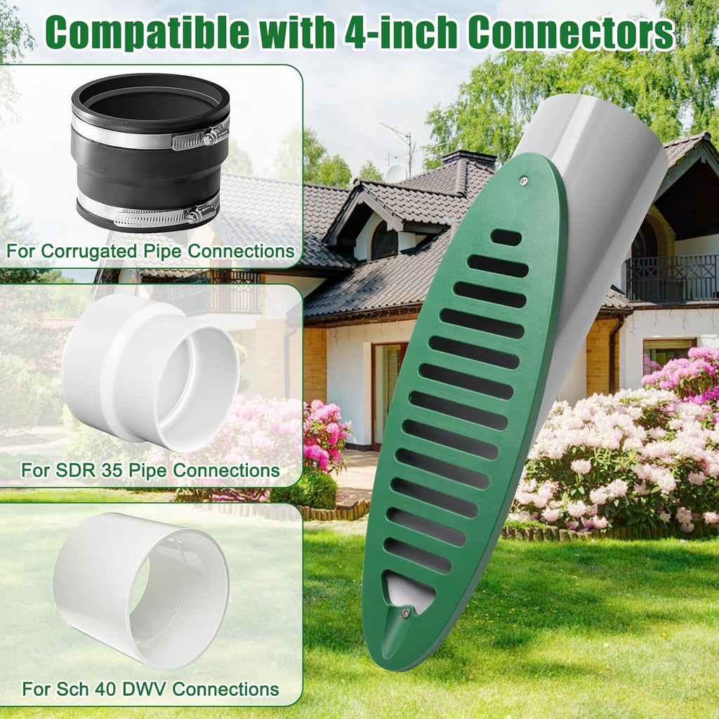 Yard Drain Emitter, 4in Green Angled Drainage Grate Yard for Sump Pump Discharge&Downspout Extensions,Angled Slope Pipe Grate for 4-Inch Connection,Reduce Stagnant Water