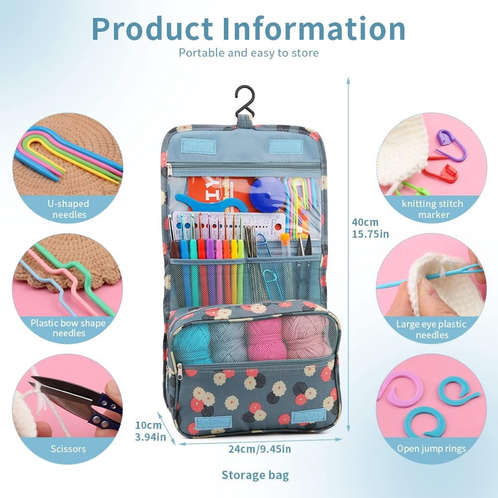 Wiher Complete Crochet Kit for Beginners,130 Pcs Crochet Kit Including Crochet Yarn, Ergonomic Crochet Hooks, and Crochet Accessories in Hangable Storage Bag