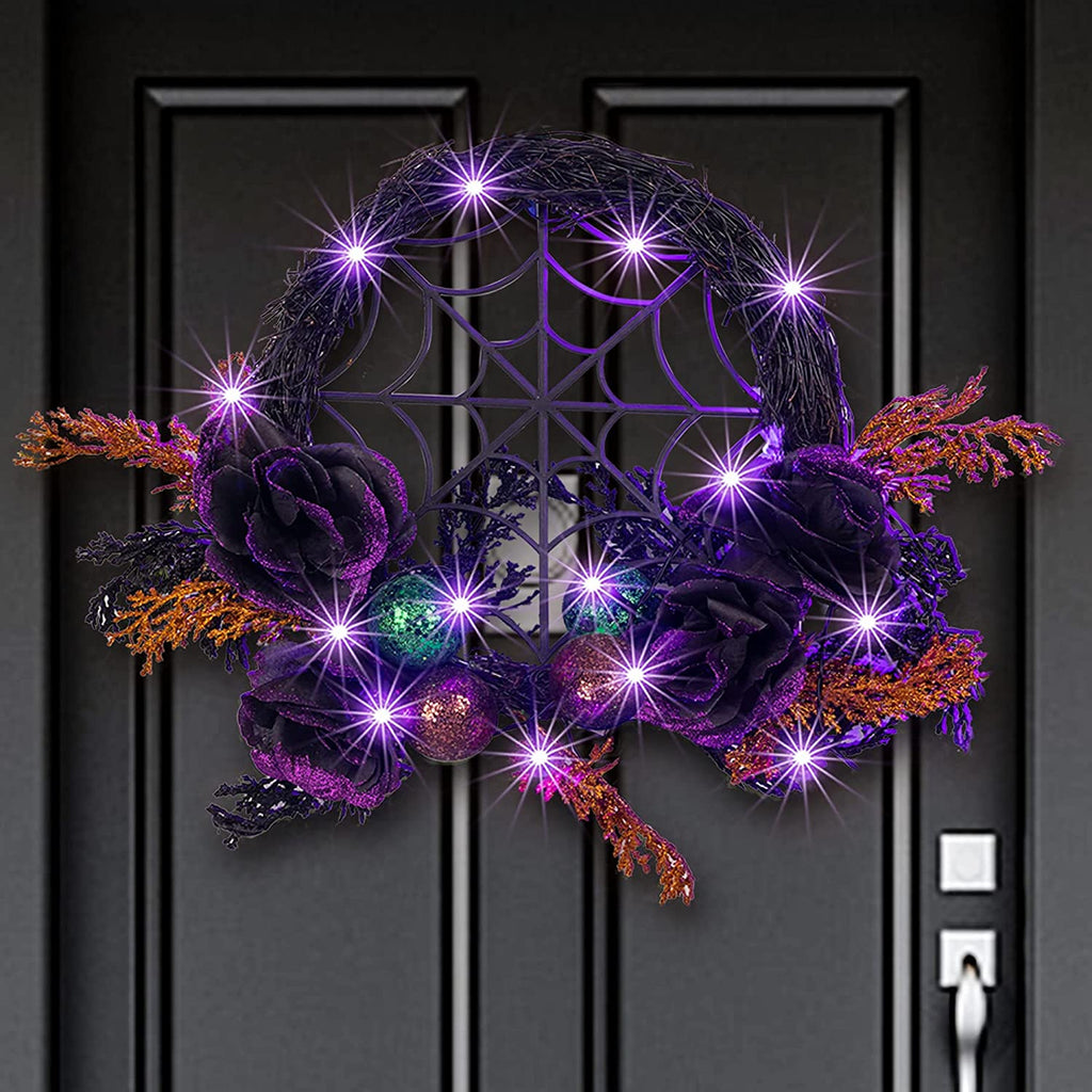 Prociv 20 LED Halloween Wreaths for Front Door, Pre-Lit Artificial Purple Halloween Lights Wreath for Home Door Wall Decorations 17.7"